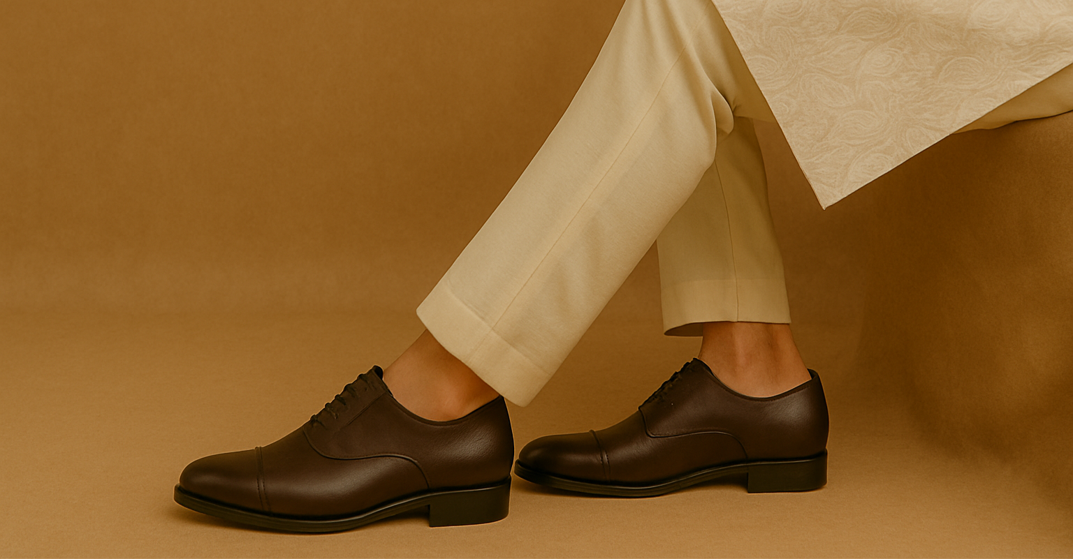 Brown leather shoes worn with beige pants on a brown background